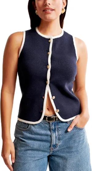 Knit Vest Top for Women Vintage Button Down Crew Neck Sleeveless Knit Vest Tank Top Casual Summer Vest Top
