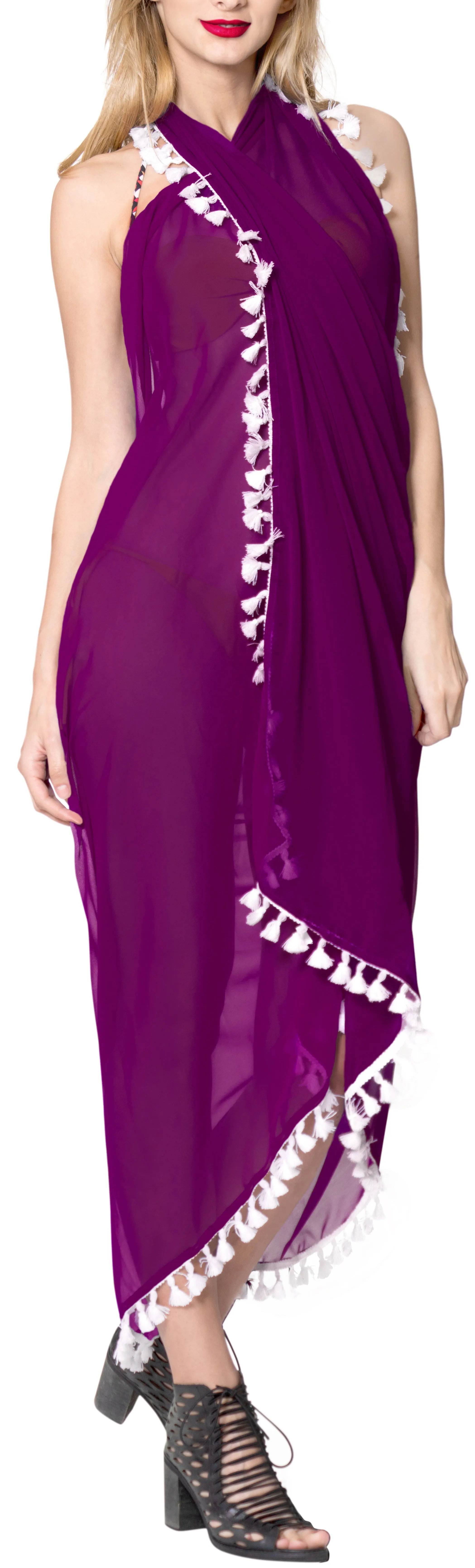 La Leela Sheer Chiffon Bathing Suit Women Sarong Solid 78"X39" Dark Purple_7146