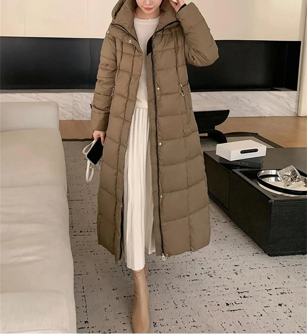 Ladies Hooded Solid Stripe Long Parka Coat Classic Tighten The Waist Pockets Cotton-Padded Jacket
