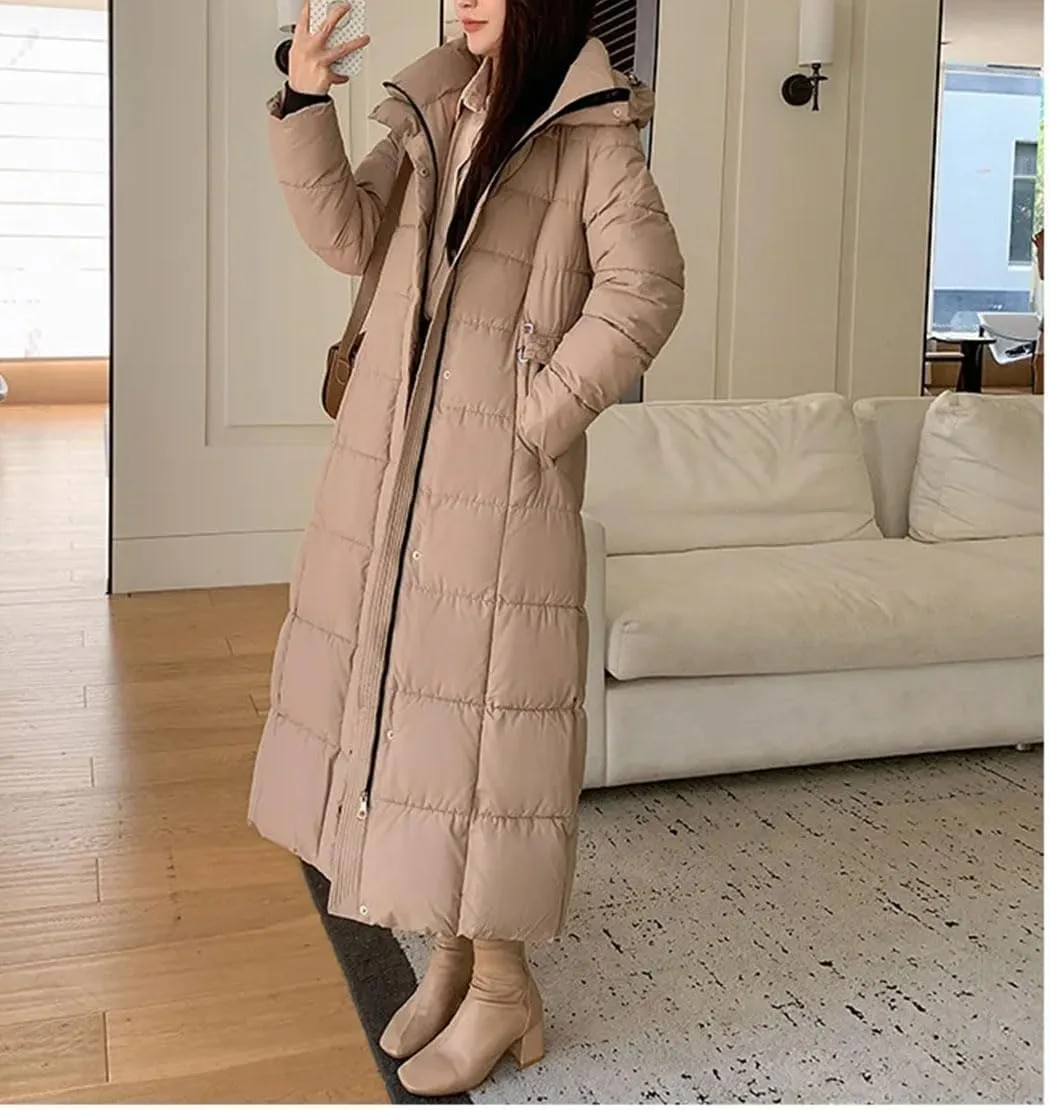 Ladies Hooded Solid Stripe Long Parka Coat Classic Tighten The Waist Pockets Cotton-Padded Jacket