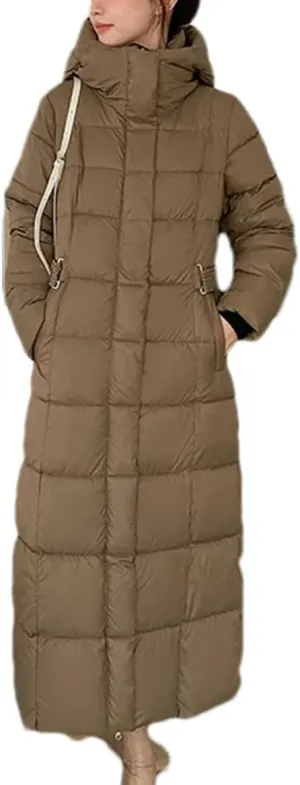 Ladies Hooded Solid Stripe Long Parka Coat Classic Tighten The Waist Pockets Cotton-Padded Jacket