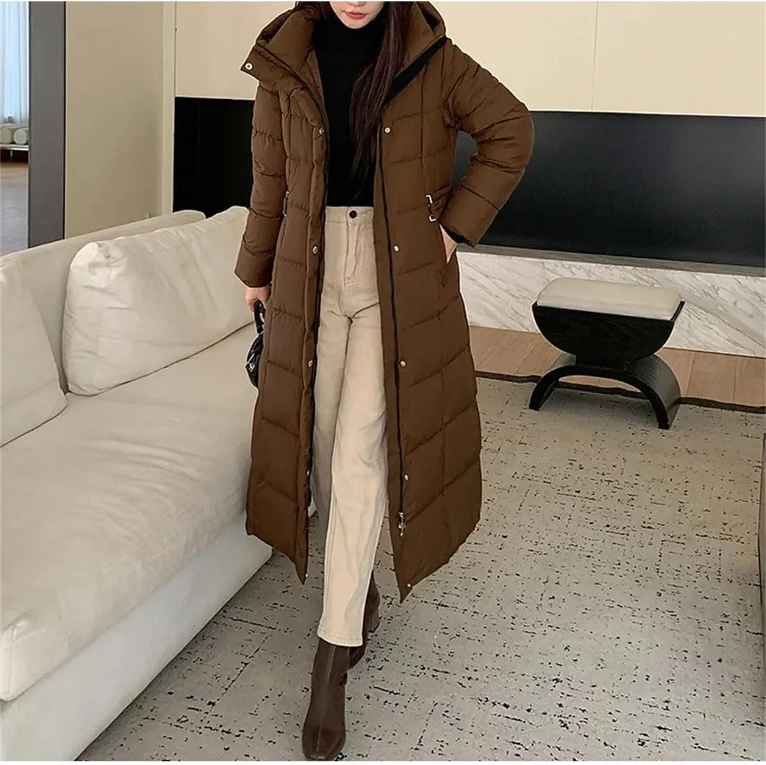 Ladies Hooded Solid Stripe Long Parka Coat Classic Tighten The Waist Pockets Cotton-Padded Jacket