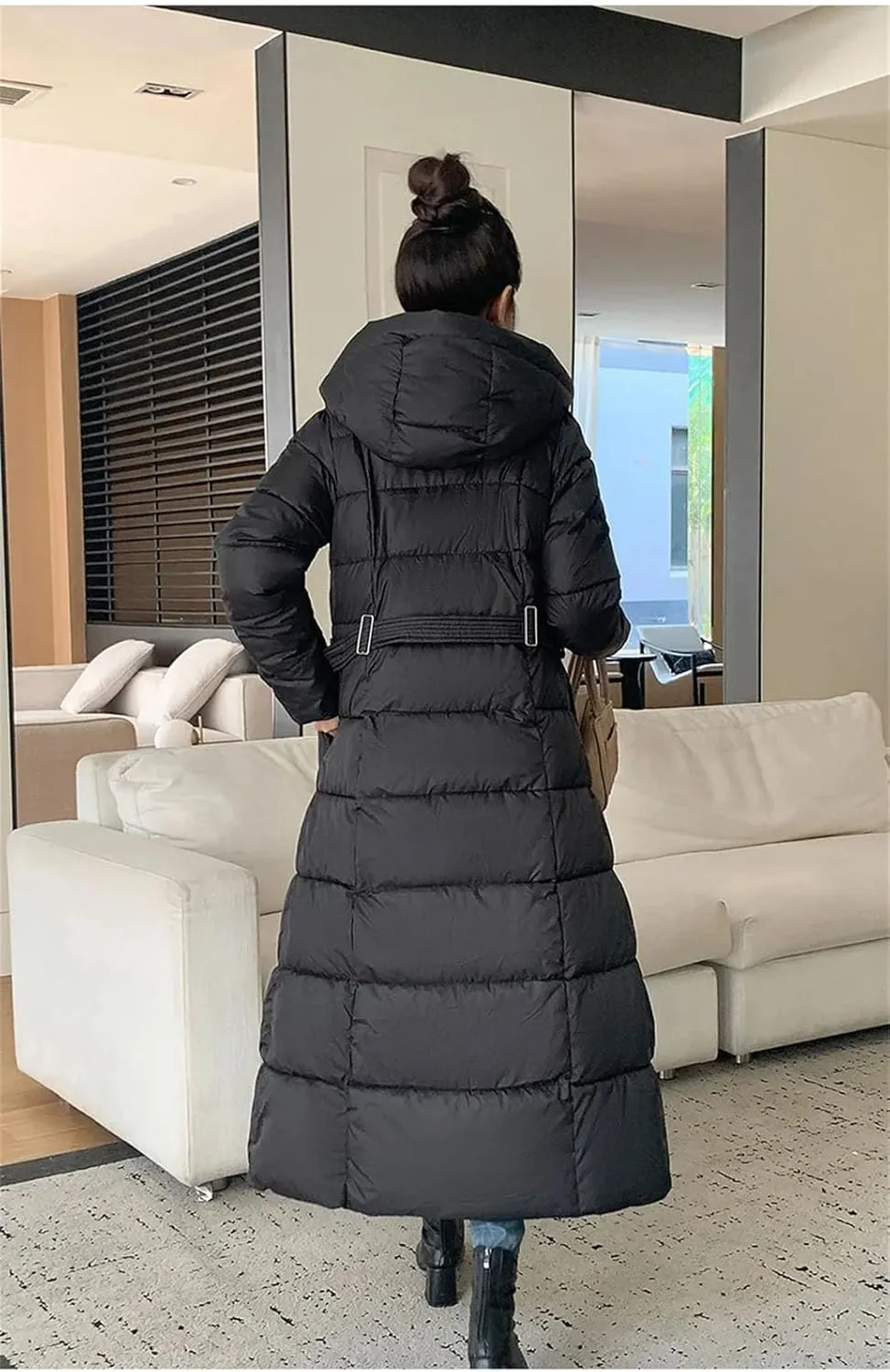 Ladies Hooded Solid Stripe Long Parka Coat Classic Tighten The Waist Pockets Cotton-Padded Jacket