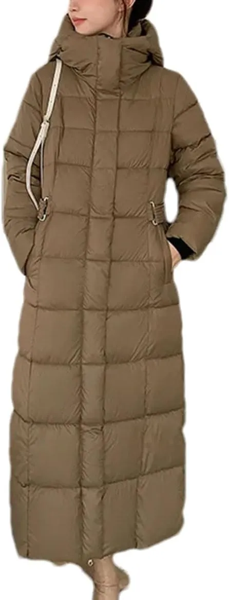 Ladies Hooded Solid Stripe Long Parka Coat Classic Tighten The Waist Pockets Cotton-Padded Jacket