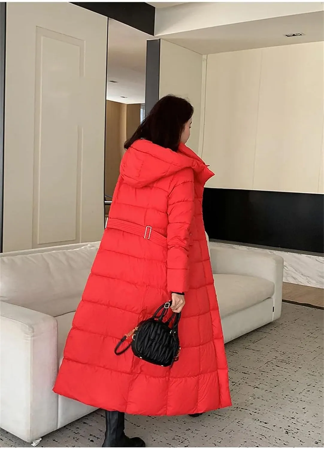 Ladies Hooded Solid Stripe Long Parka Coat Classic Tighten The Waist Pockets Cotton-Padded Jacket