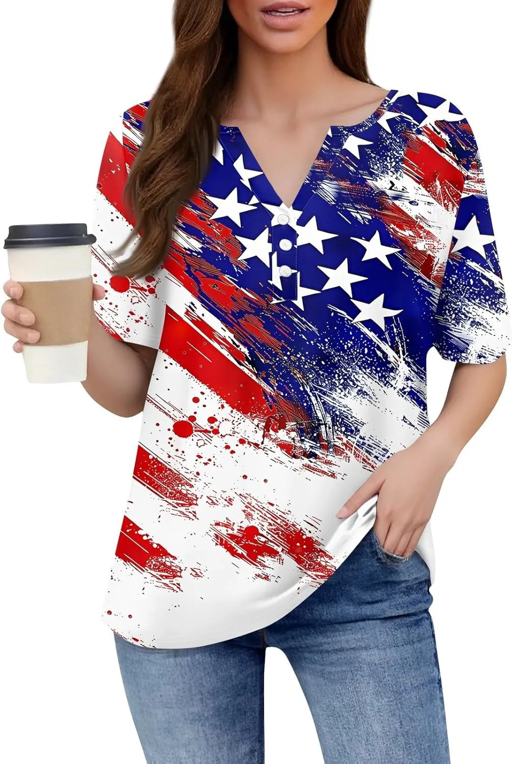 Ladies Tops And Blouses Short Sleeve Henley Summer Button Up Shirts V Neck Shirts Funny Tees Vacation Outfits