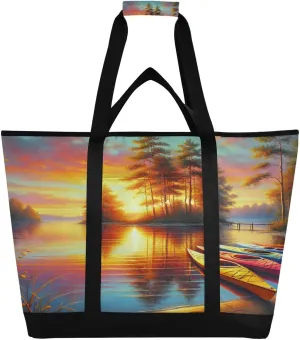 Lake Boat Holiday Tote Bag for Women with Zipper Reusable Grocery Bags Foldable Insulated Cooler Bag Totes Handbags Shopping Bags for Groceries Travel Beach Work Picnic