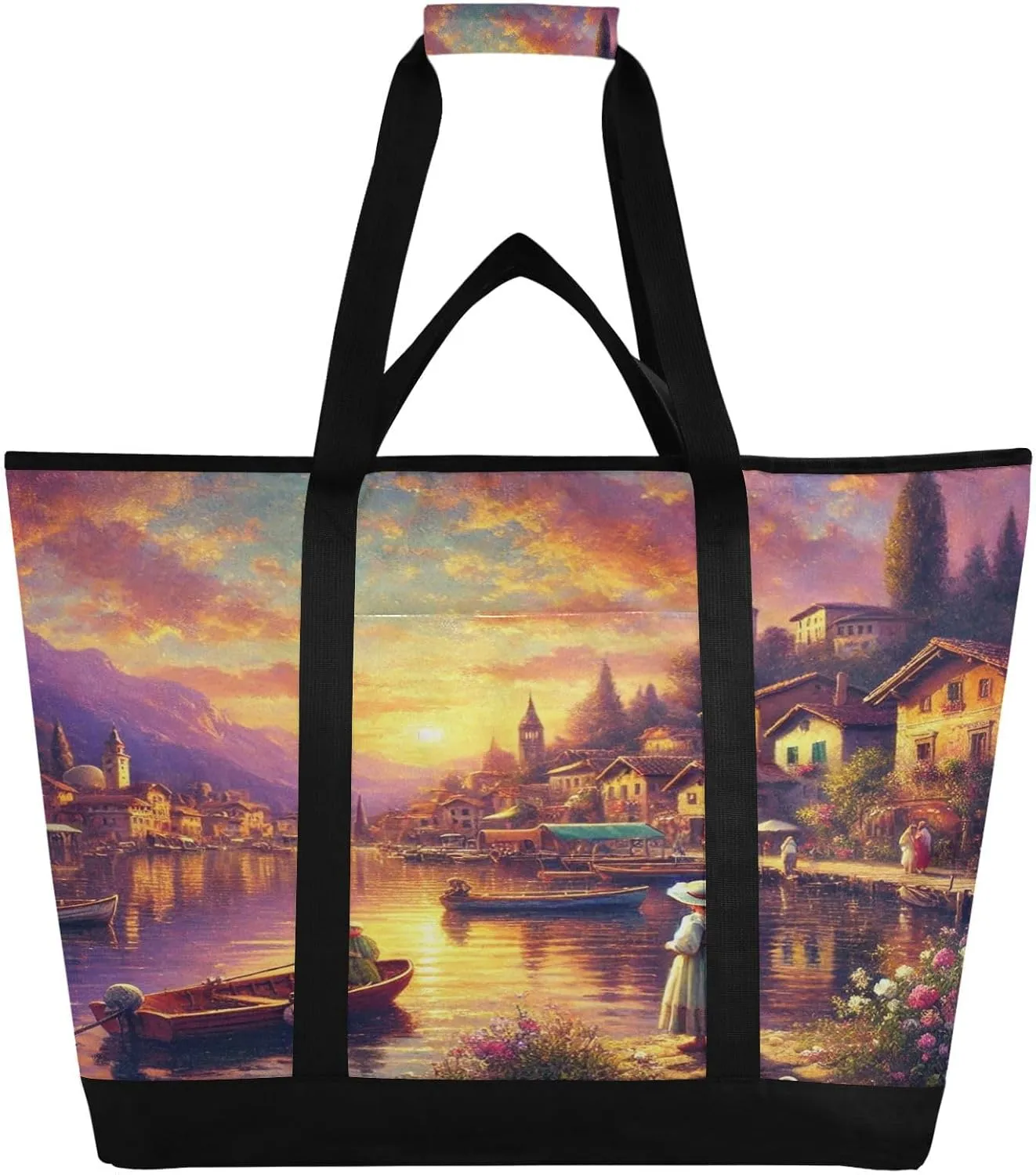 Lake Town Woman Tote Bag for Women with Zipper Reusable Grocery Bags Foldable Insulated Cooler Bag Shopping Bags Totes Handbags for Groceries Picnic Travel Beach Work