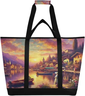 Lake Town Woman Tote Bag for Women with Zipper Reusable Grocery Bags Foldable Insulated Cooler Bag Shopping Bags Totes Handbags for Groceries Picnic Travel Beach Work