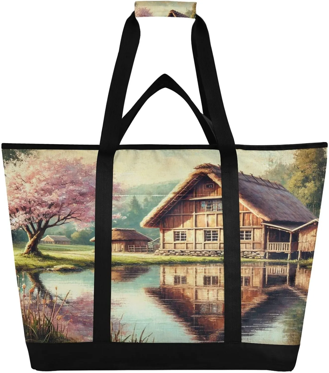 Lake Tree Mountain Tote Bag for Women with Zipper Reusable Grocery Bags Foldable Insulated Cooler Bag Totes Handbags Shopping Bags for Groceries Beach Picnic Travel Work