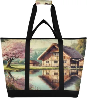 Lake Tree Mountain Tote Bag for Women with Zipper Reusable Grocery Bags Foldable Insulated Cooler Bag Totes Handbags Shopping Bags for Groceries Beach Picnic Travel Work