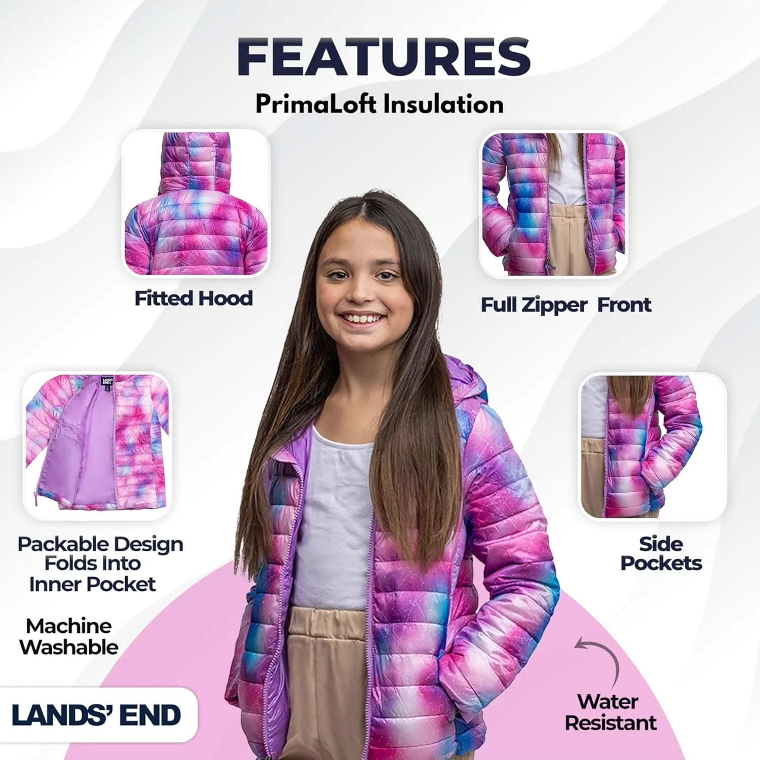 Lands' End Kids Full Zip Lightweight Thermoplume Hooded Jacket (S-XL)