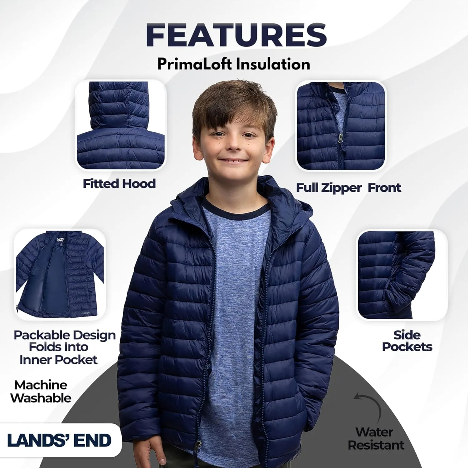 Lands' End Kids Full Zip Lightweight Thermoplume Hooded Jacket (S-XL)