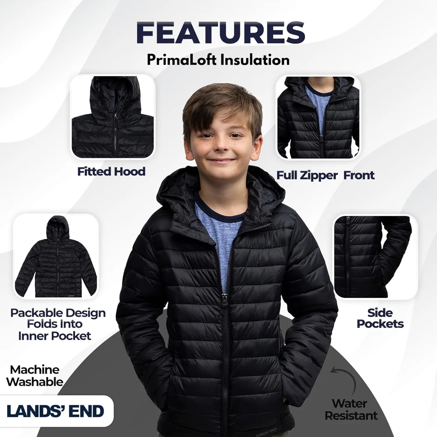 Lands' End Kids Full Zip Lightweight Thermoplume Hooded Jacket (S-XL)