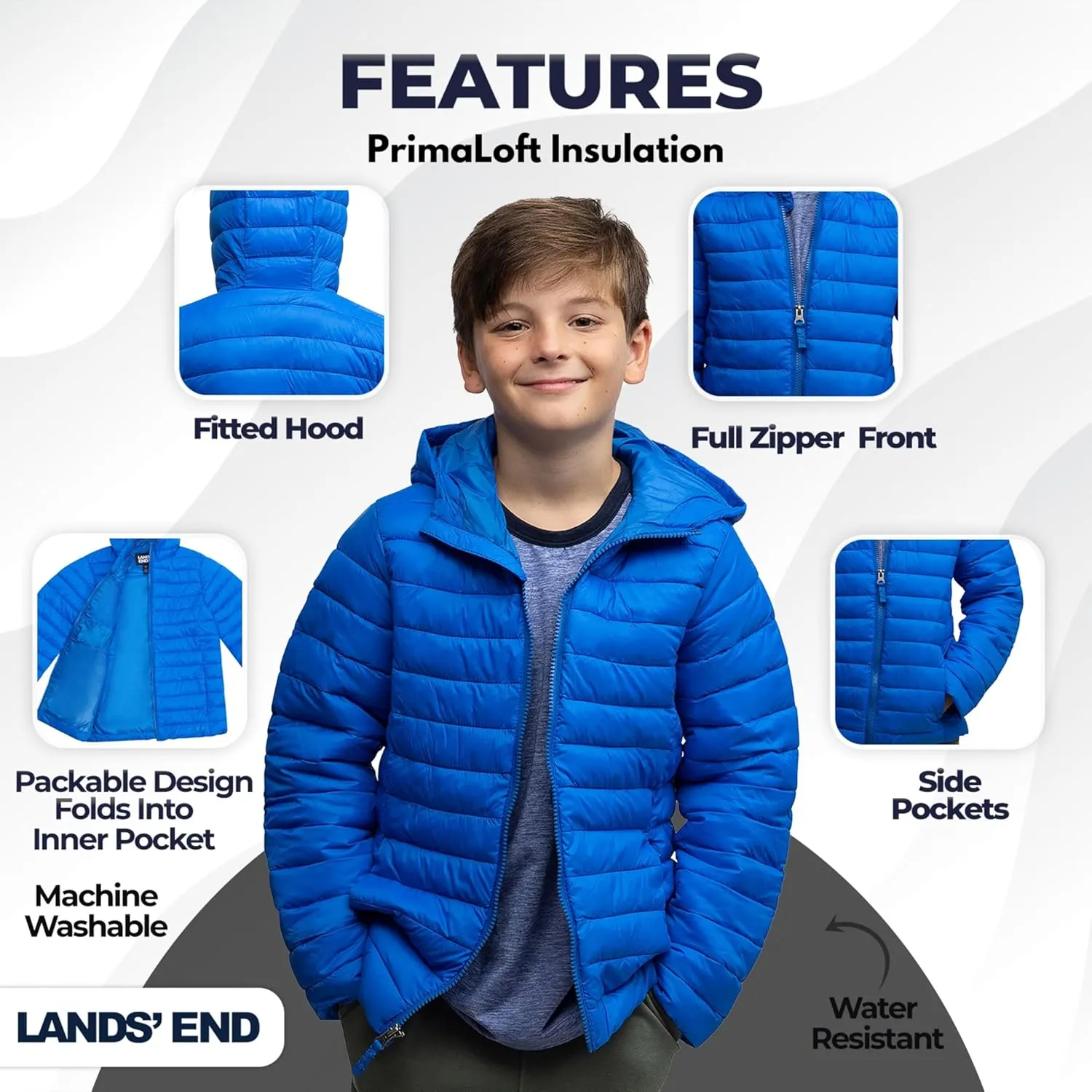 Lands' End Kids Full Zip Lightweight Thermoplume Hooded Jacket (S-XL)