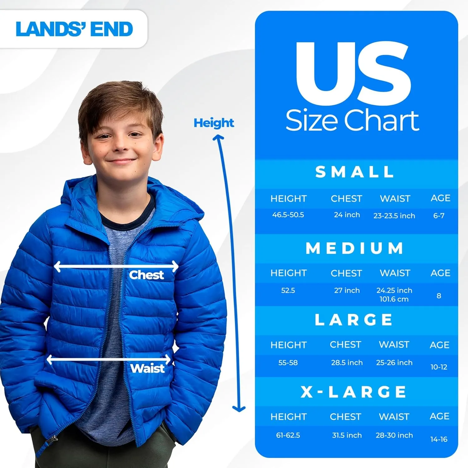 Lands' End Kids Full Zip Lightweight Thermoplume Hooded Jacket (S-XL)