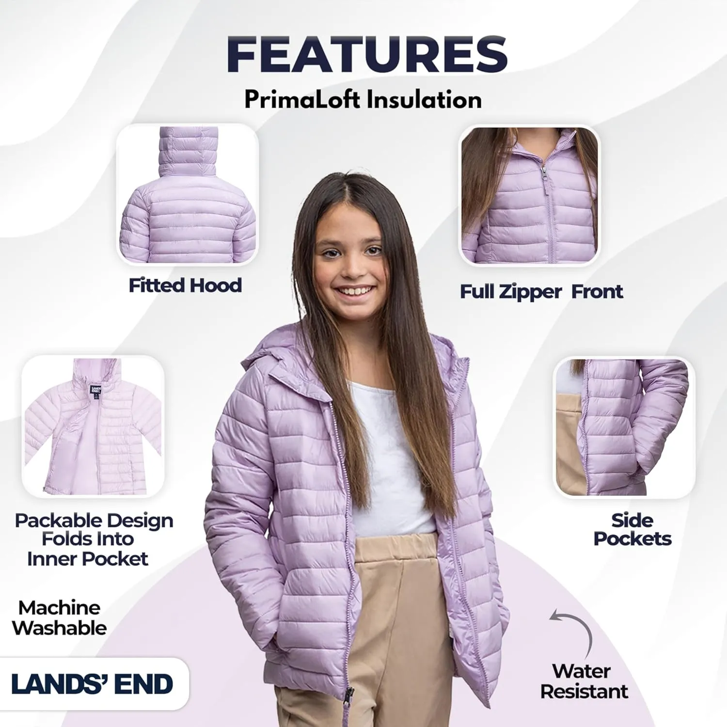 Lands' End Kids Full Zip Lightweight Thermoplume Hooded Jacket (S-XL)