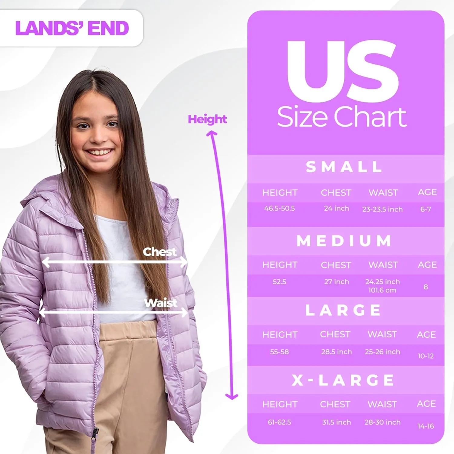 Lands' End Kids Full Zip Lightweight Thermoplume Hooded Jacket (S-XL)