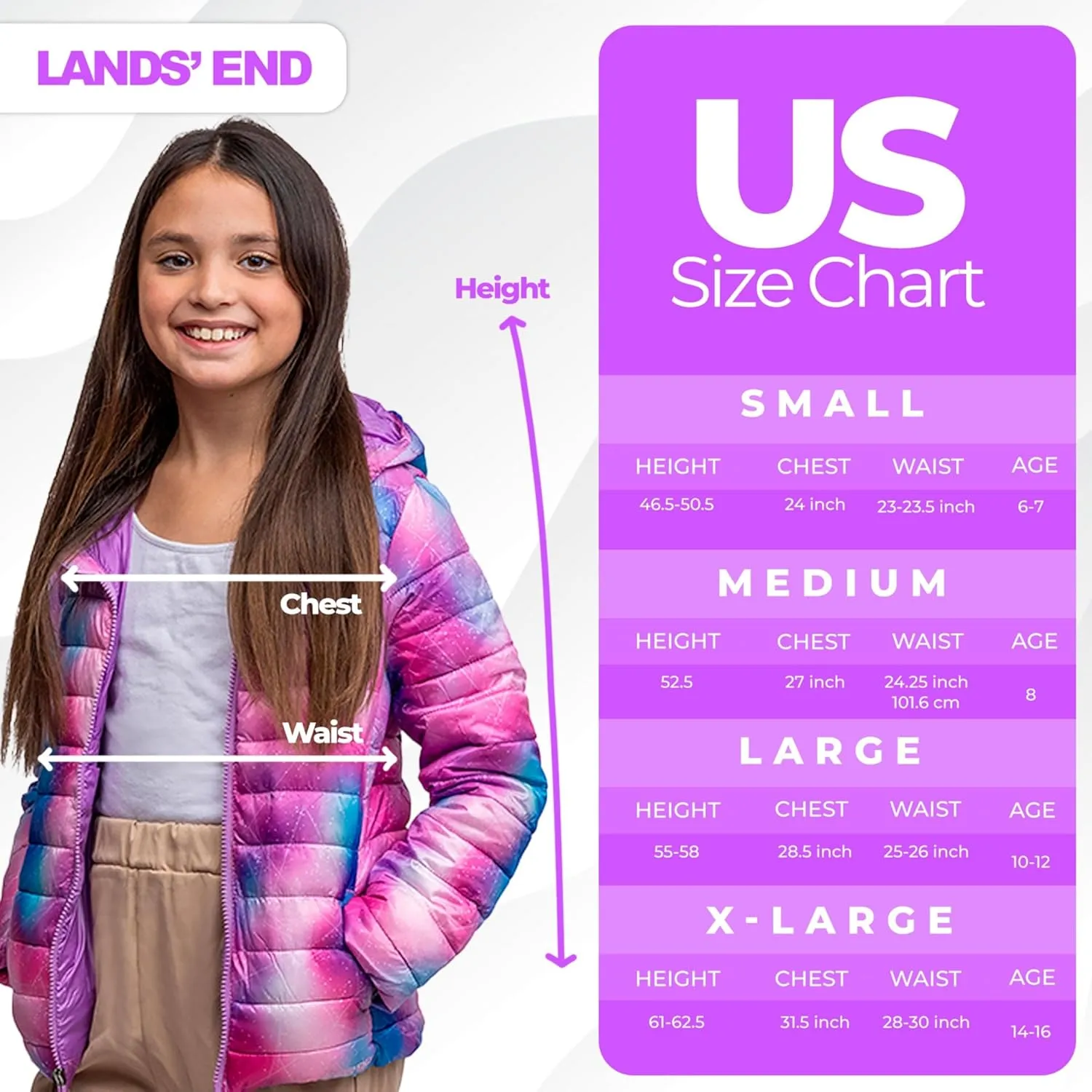 Lands' End Kids Full Zip Lightweight Thermoplume Hooded Jacket (S-XL)