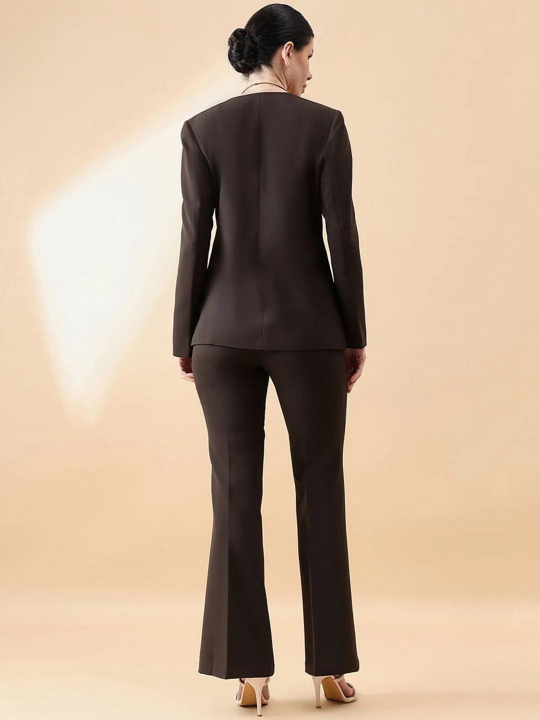 Lapel less Stretch Pant Suit- Chocolate Brown