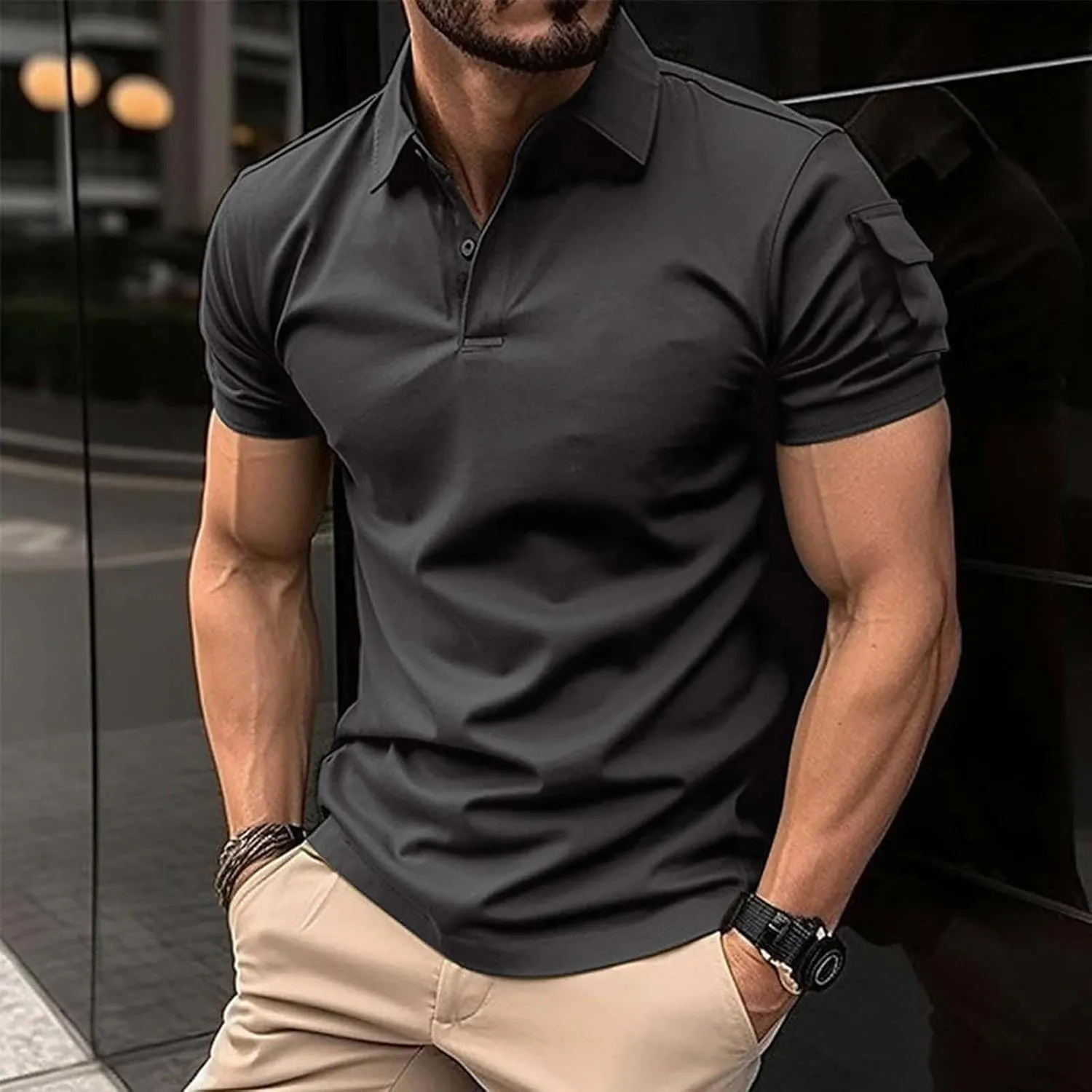 LCMTWX Men Polo Shirts 2024 Comfort Soft Loose Outdoor Sports Lapel Solid Color Camouflage Printing Raglan Sleeve Polo