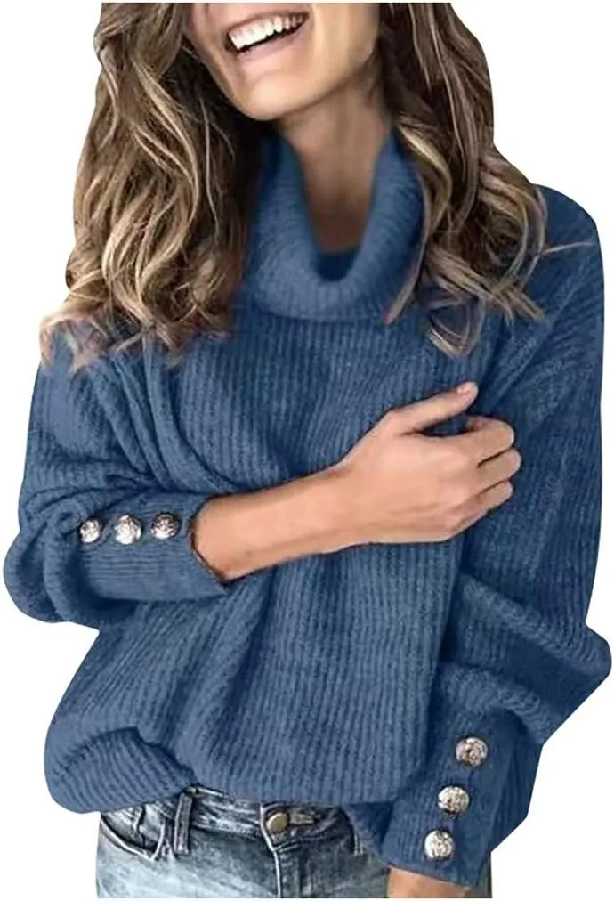 LCMTWX Oversized Sweater for Women Button Long Pullover Women Tops Turtleneck Sweater Round Neck Striped Pullover 2023 Fall