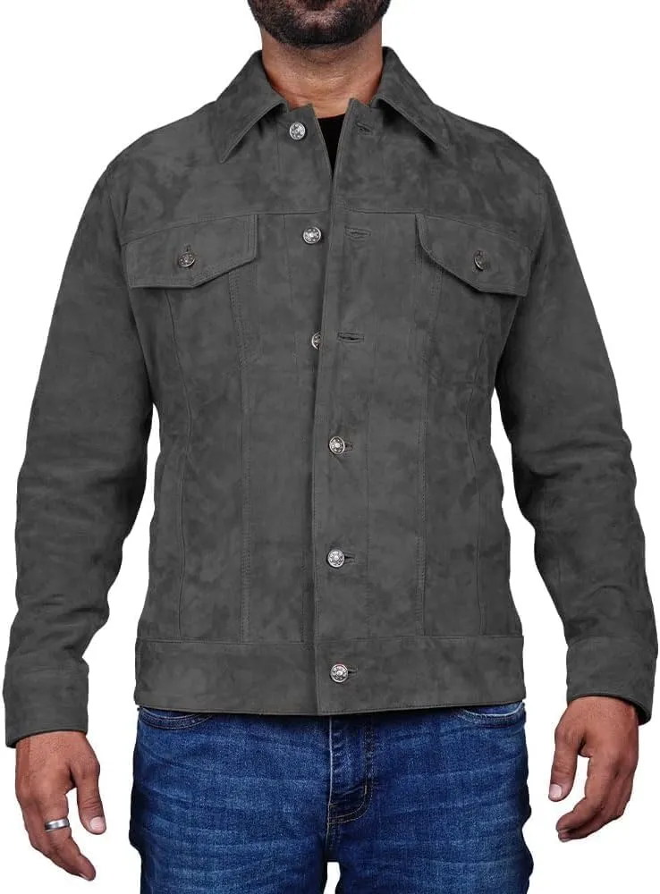 LeathersInn Men's Suede Leather Jacket Real Lambskin Suede Casual Leather Jackets For Men Suede Trucker Coat for Mens