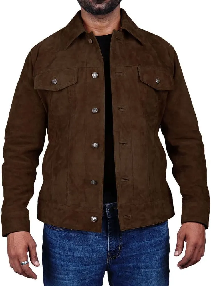 LeathersInn Men's Suede Leather Jacket Real Lambskin Suede Casual Leather Jackets For Men Suede Trucker Coat for Mens