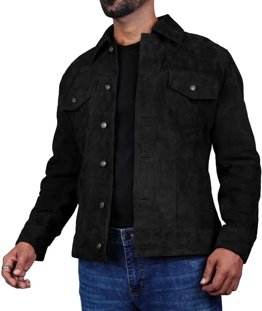 LeathersInn Men's Suede Leather Jacket Real Lambskin Suede Casual Leather Jackets For Men Suede Trucker Coat for Mens