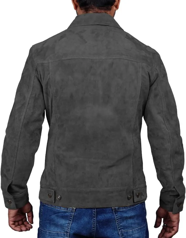 LeathersInn Men's Suede Leather Jacket Real Lambskin Suede Casual Leather Jackets For Men Suede Trucker Coat for Mens