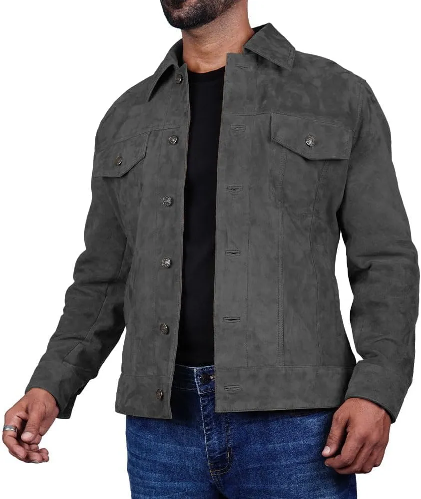LeathersInn Men's Suede Leather Jacket Real Lambskin Suede Casual Leather Jackets For Men Suede Trucker Coat for Mens