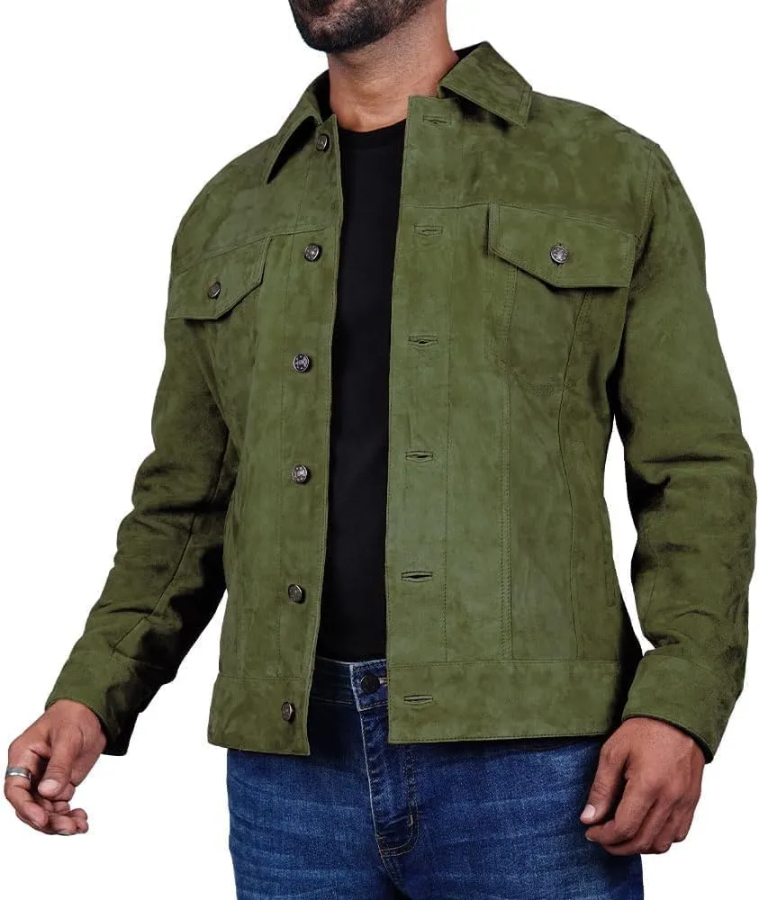 LeathersInn Men's Suede Leather Jacket Real Lambskin Suede Casual Leather Jackets For Men Suede Trucker Coat for Mens