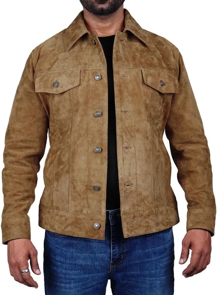 LeathersInn Men's Suede Leather Jacket Real Lambskin Suede Casual Leather Jackets For Men Suede Trucker Coat for Mens