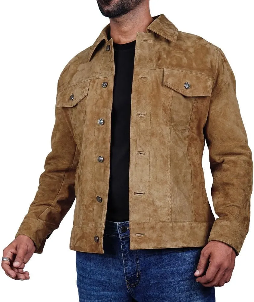 LeathersInn Men's Suede Leather Jacket Real Lambskin Suede Casual Leather Jackets For Men Suede Trucker Coat for Mens