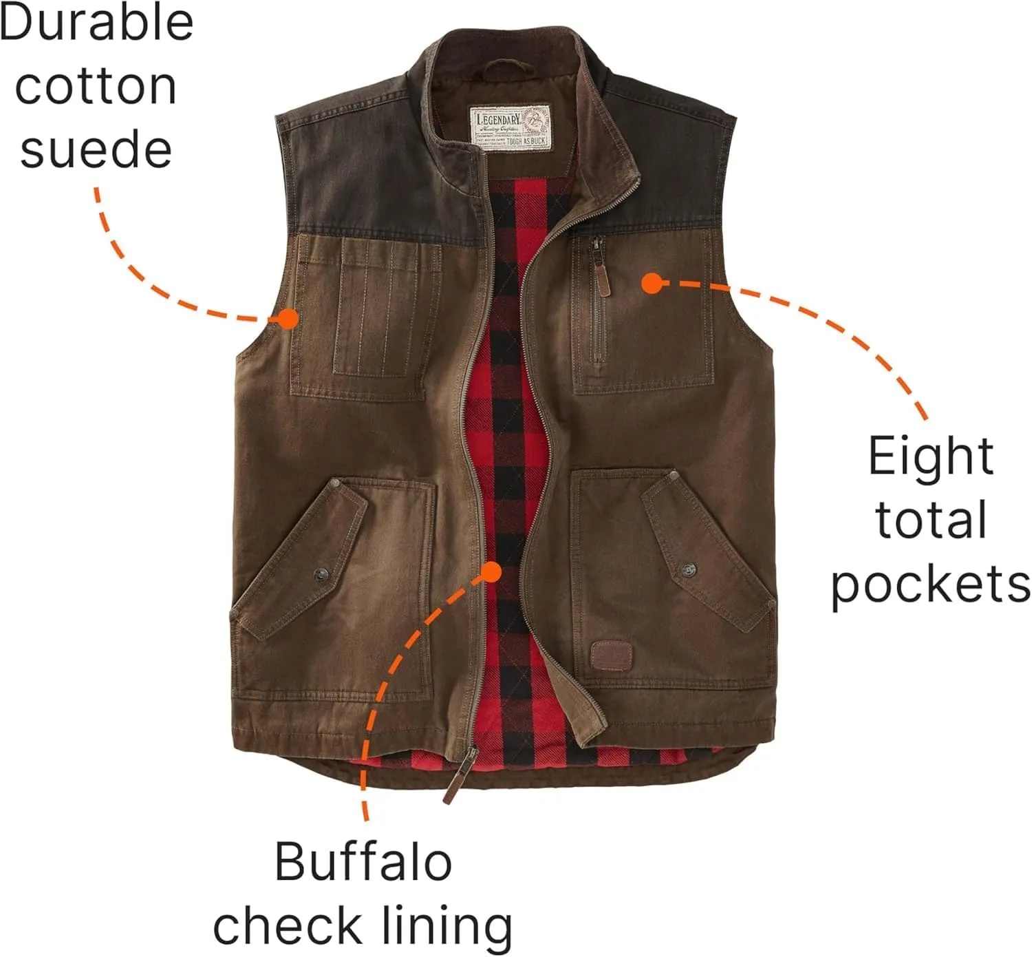 Legendary Whitetails mens Tough as Buck Vest for Men, Work Flannel Lined Hunting Outerwear, Casual Western Insulated Zip Up