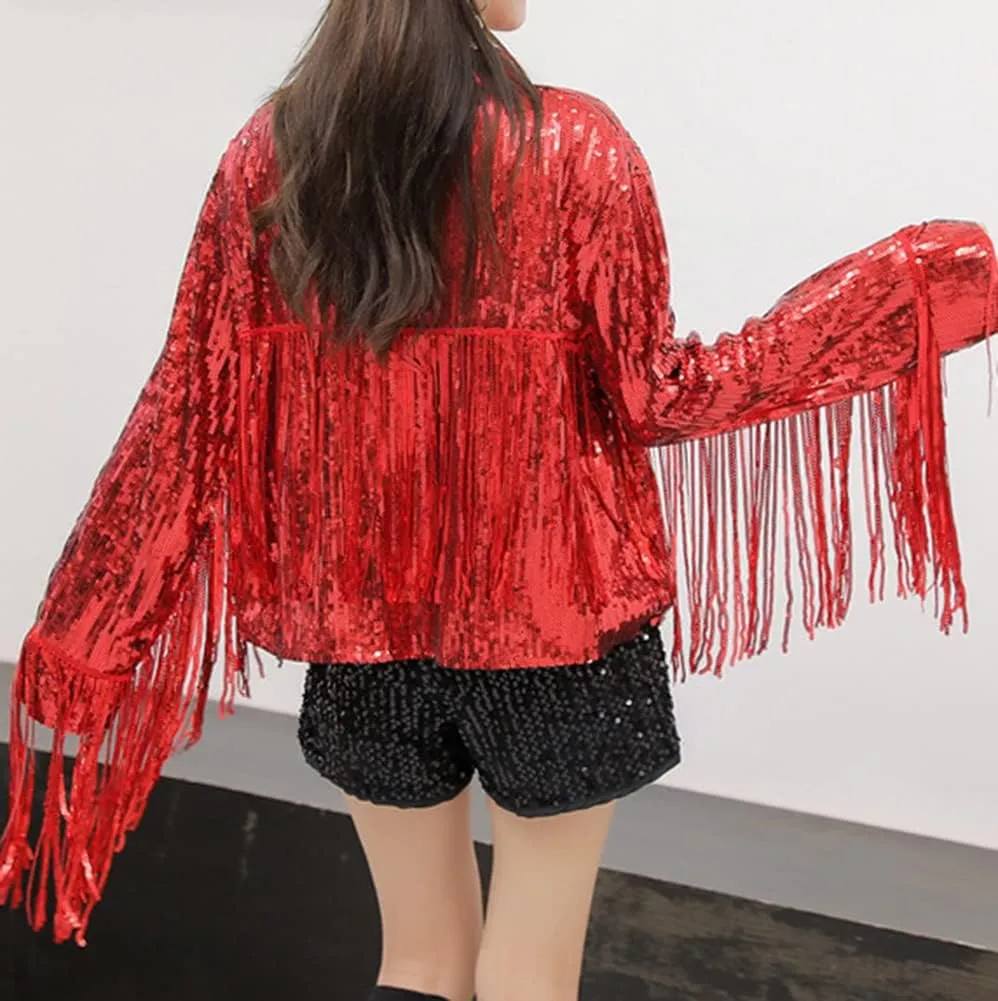 LifeShe Women's Sequin Jacket With Tassel Open Front Cardigan Metallic Shiny Party Clubwear