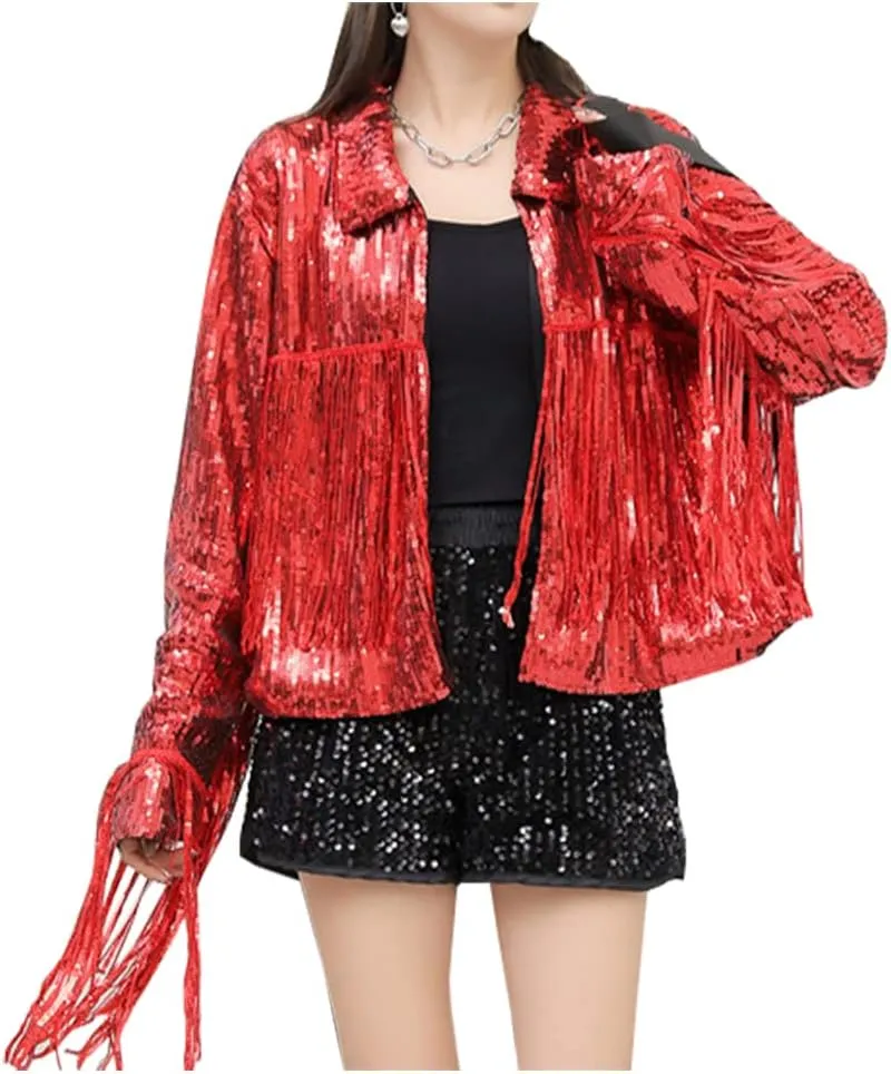 LifeShe Women's Sequin Jacket With Tassel Open Front Cardigan Metallic Shiny Party Clubwear