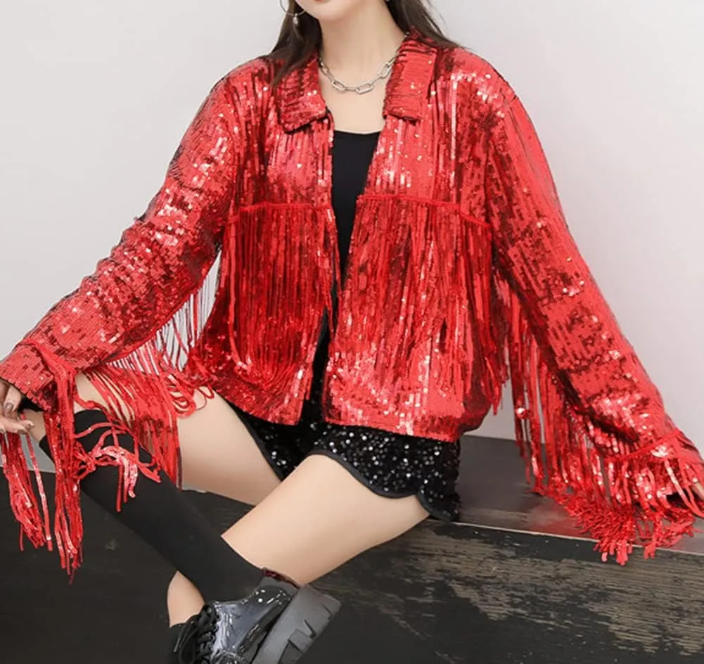 LifeShe Women's Sequin Jacket With Tassel Open Front Cardigan Metallic Shiny Party Clubwear