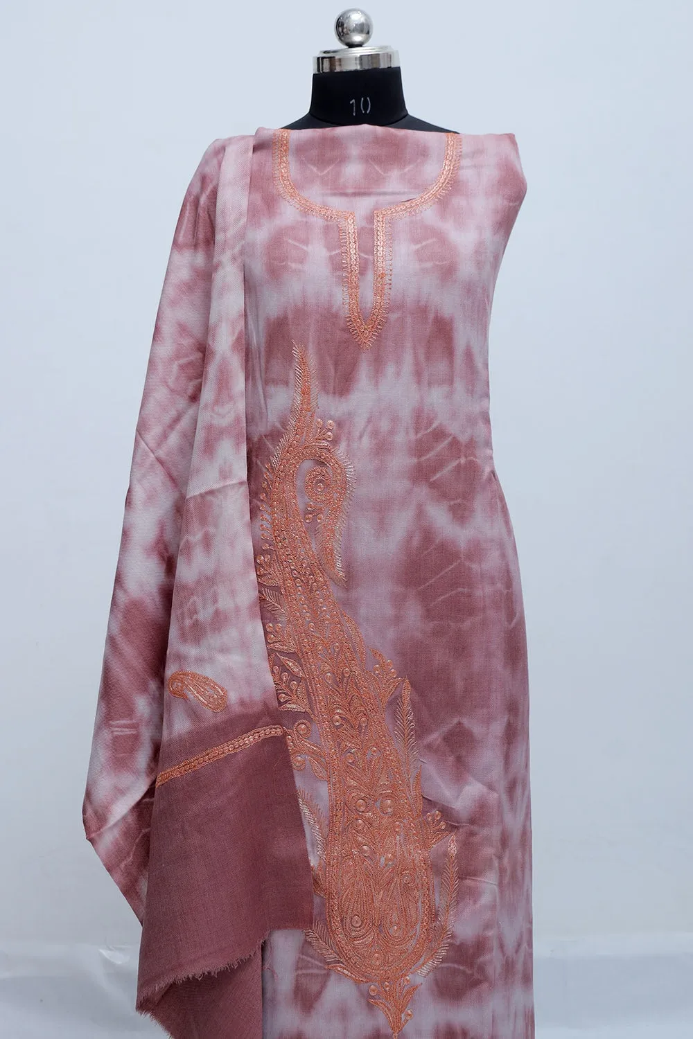 Light Purple Color Tye And Dye Semi Pashmina Suit Having Tilla Neck Embroidery