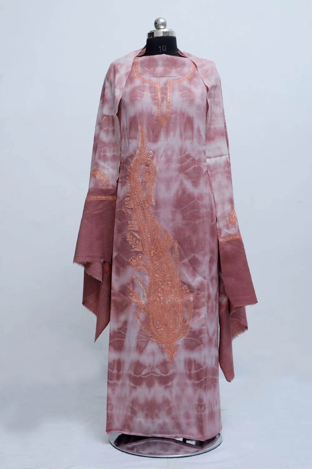 Light Purple Color Tye And Dye Semi Pashmina Suit Having Tilla Neck Embroidery