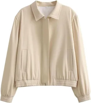 Lightweight Jacket for Women Long Sleeve Zipper Up Lapel Casual Outwear Fashion Loose Fit Solid Color Pockets Coat