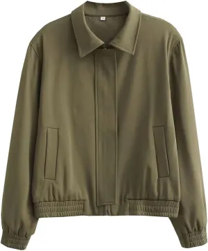Lightweight Jacket for Women Long Sleeve Zipper Up Lapel Casual Outwear Fashion Loose Fit Solid Color Pockets Coat