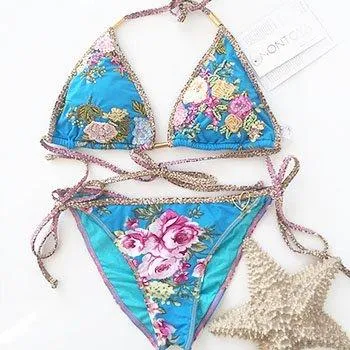 Liliana Montoya Swim B059BL Dana Blue Floral Embroidered Triangle Top & Tie Side Swimwear Set