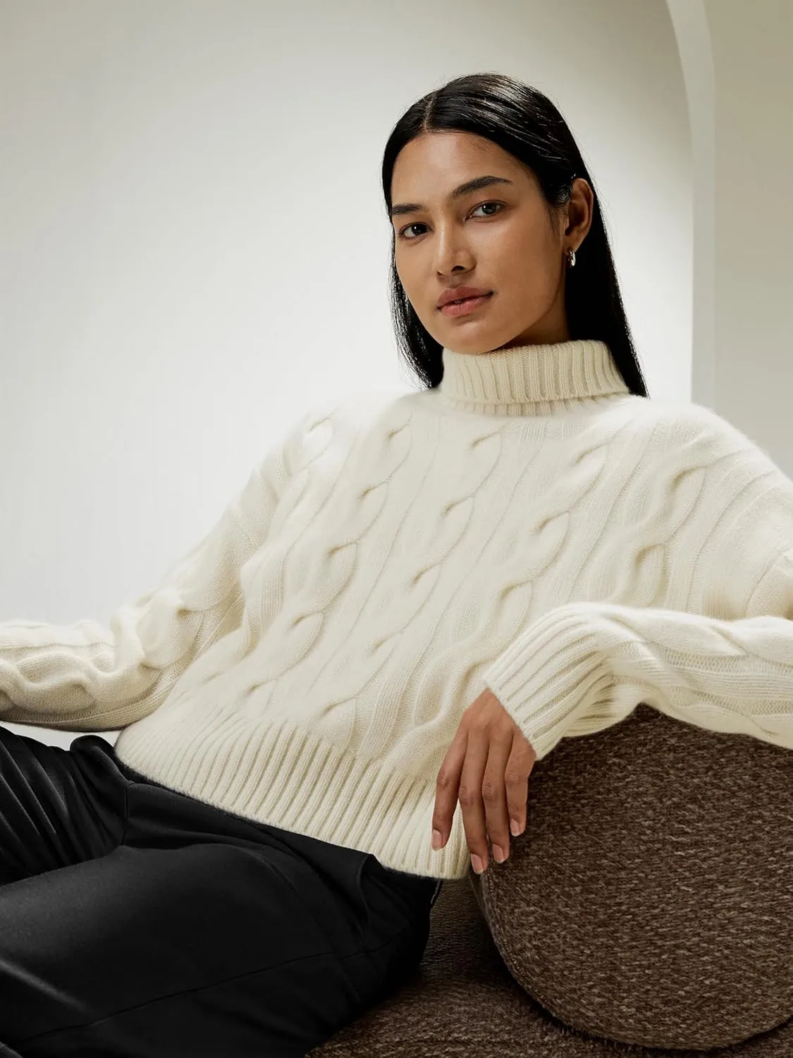 LilySilk 100% Cashmere Sweater for Women Cable Knit Oversized Turtleneck Ribbed Pullover Cropped Relaxed Fall Winter