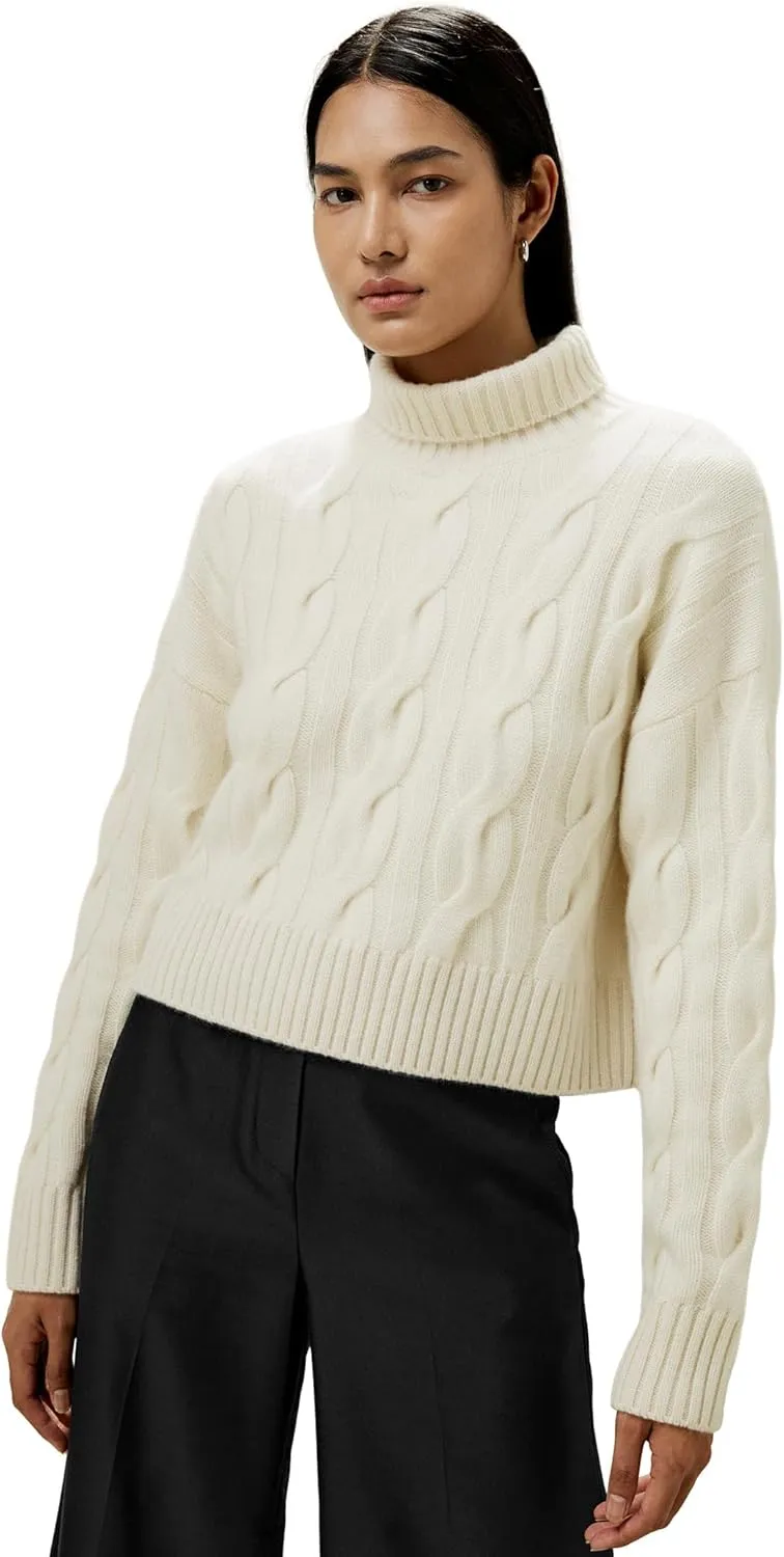LilySilk 100% Cashmere Sweater for Women Cable Knit Oversized Turtleneck Ribbed Pullover Cropped Relaxed Fall Winter