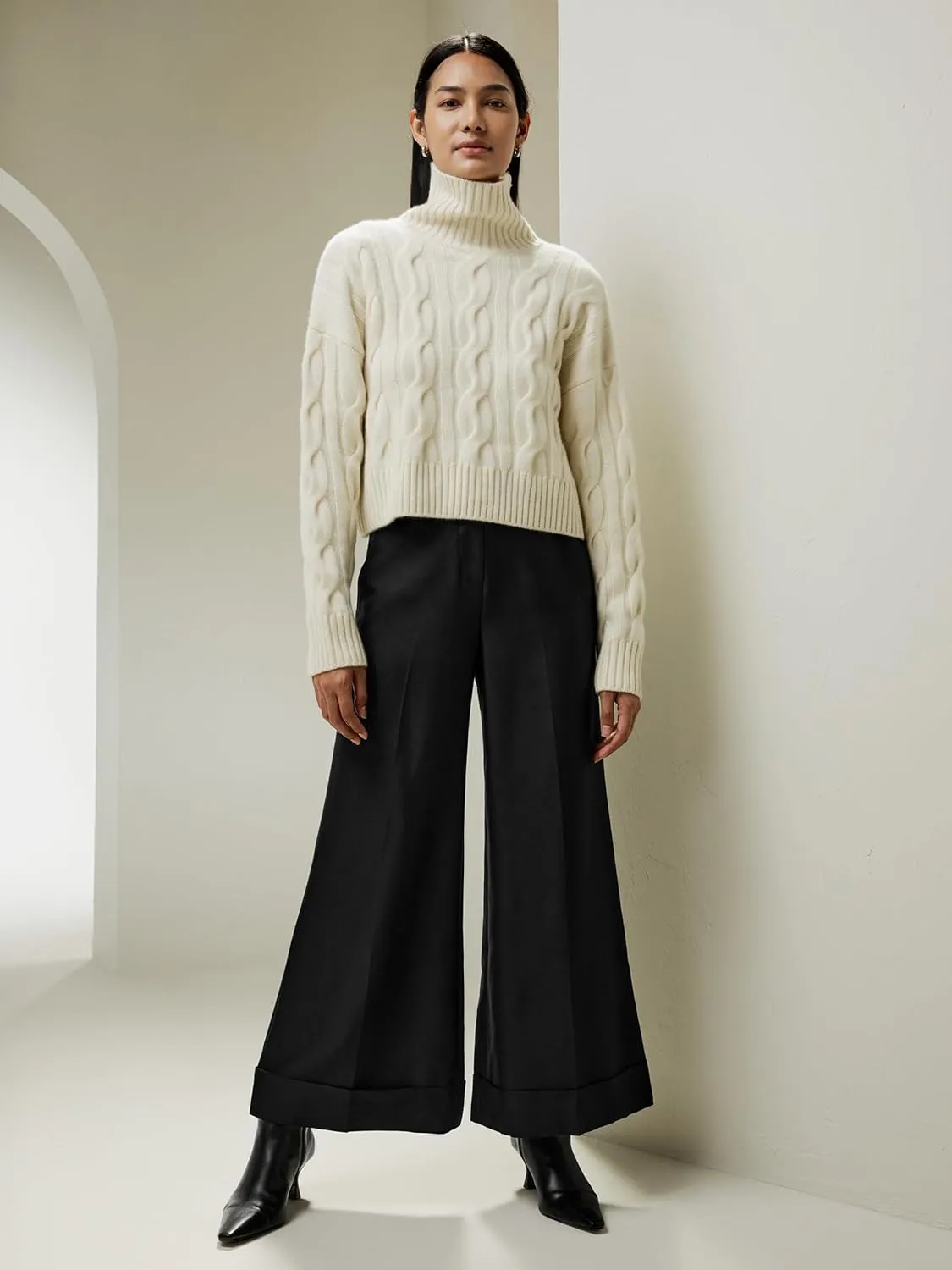 LilySilk 100% Cashmere Sweater for Women Cable Knit Oversized Turtleneck Ribbed Pullover Cropped Relaxed Fall Winter