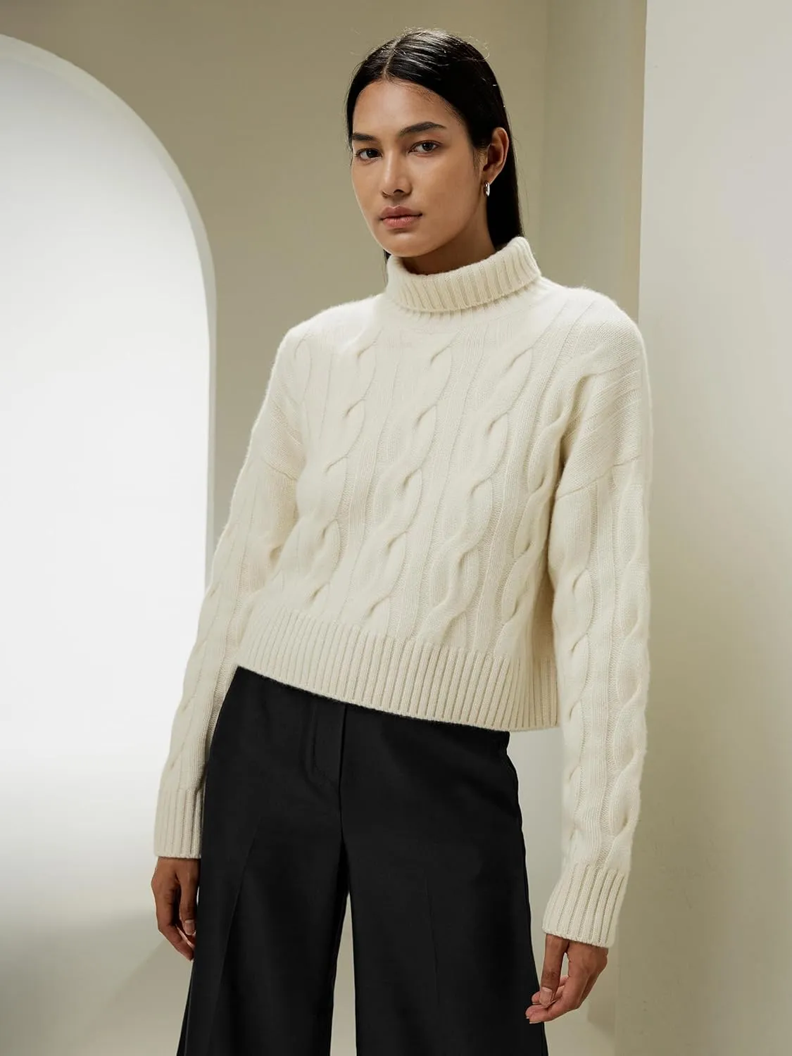LilySilk 100% Cashmere Sweater for Women Cable Knit Oversized Turtleneck Ribbed Pullover Cropped Relaxed Fall Winter