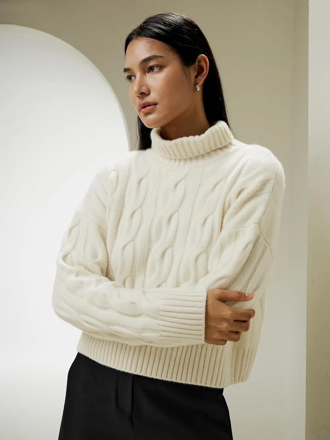 LilySilk 100% Cashmere Sweater for Women Cable Knit Oversized Turtleneck Ribbed Pullover Cropped Relaxed Fall Winter