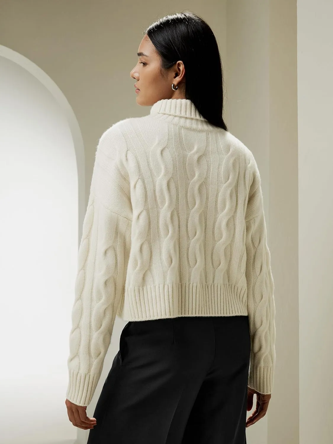 LilySilk 100% Cashmere Sweater for Women Cable Knit Oversized Turtleneck Ribbed Pullover Cropped Relaxed Fall Winter