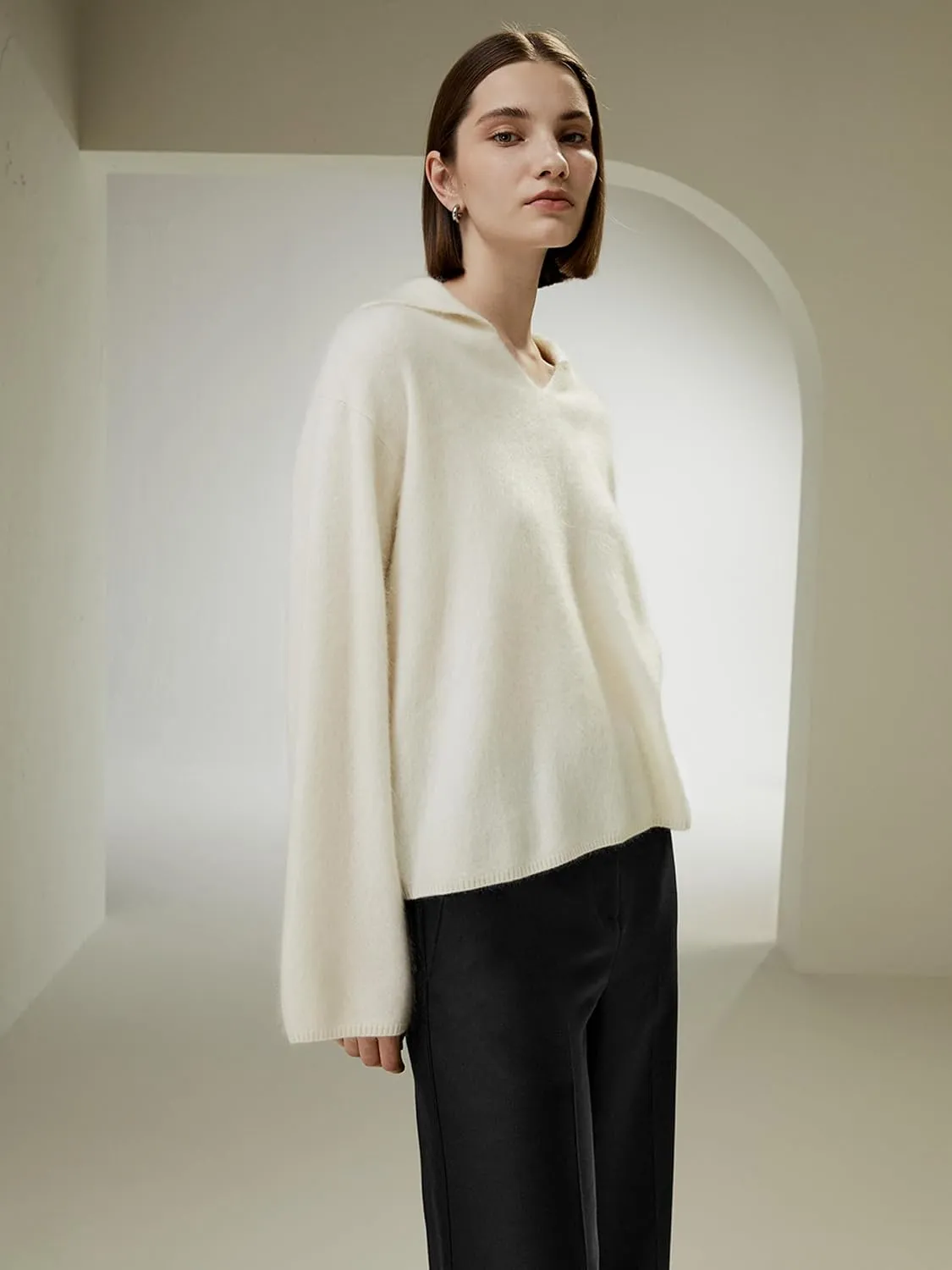 LilySilk 100% Cashmere Sweater for Women Oversized Turn-Down Collar with V-Neck & Long Wide Cuffs Soft Fluffy